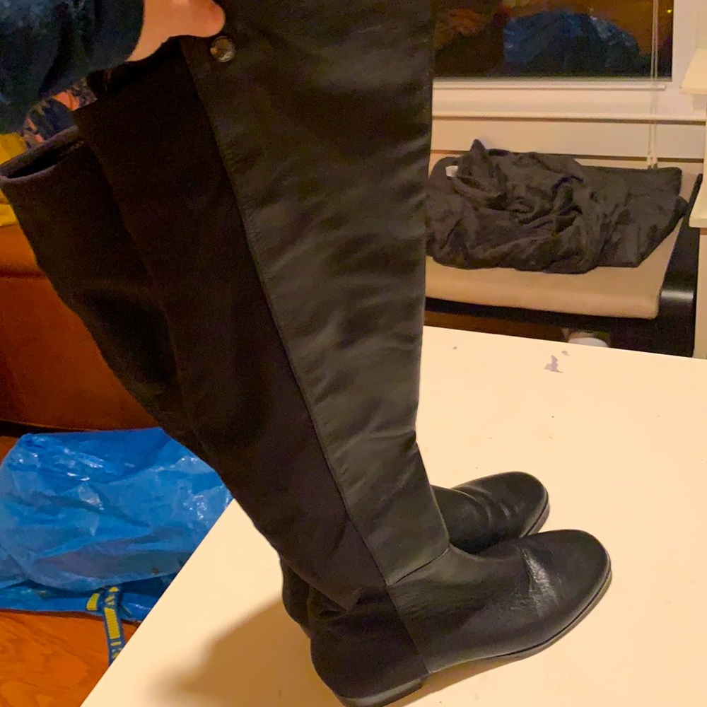 Vince Camuto Karita Over the Knee Black Leather and Fabric Boots, Size 6.5